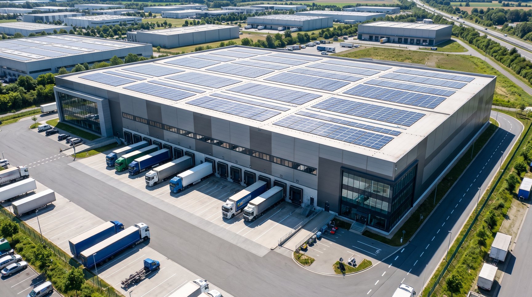 Außenansicht einer modernen Multi-User-Logistikimmobilie in Deutschland mit Lkw-Rampen und Photovoltaik für Kontraktlogistik und Handelsmieter.